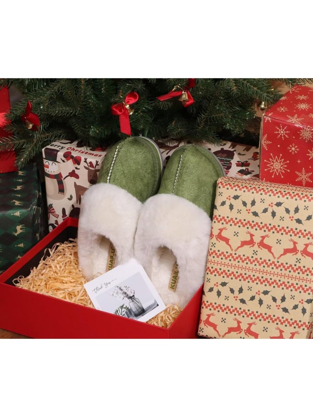 Womens Green Cozy Memory Comfy Winter Scuff Indoor Outdoor Rubber Hard Sole - Picture 2 of 6